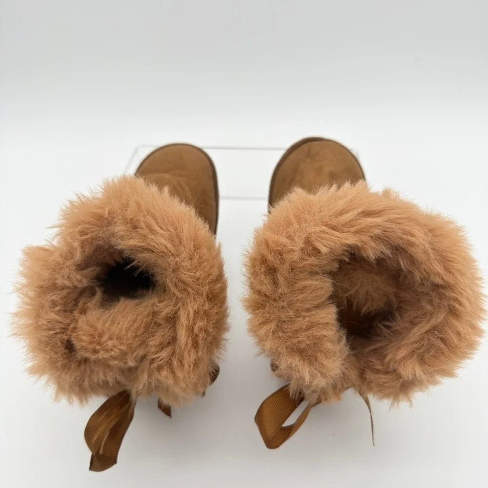 Faux Fur Winter Boots Size 8 Brown Suede Look Ribbon Tie Mid Calf
